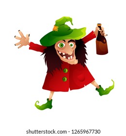 Vector image. Funny cartoon witch with a bottle. The caricature witch is jumping from happiness. Happy halloween party
