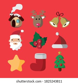Vector image. Funny Christmas stickers. Icons of santa claus, deer, christmas ball, tree, house. Images to decorate.