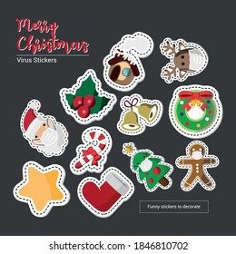 Vector image. Funny Christmas stickers. Icons of santa claus, deer, christmas ball, tree, house. Images to decorate.