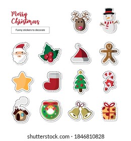 Vector image. Funny Christmas stickers. Icons of santa claus, deer, christmas ball, tree, house. Images to decorate.