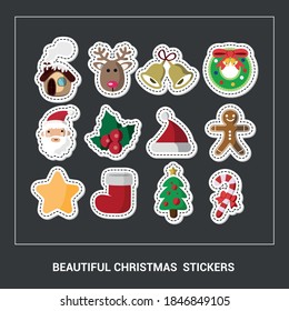Vector image. Funny Christmas stickers. Icons of santa claus, deer, christmas ball, tree, house. Images to decorate.