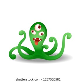 Vector image. Funny crazy green monster. Cute cartoon monster resembling an octopus.