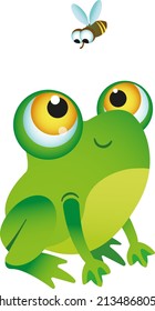 Vector image of a funny, cute green frog looking at a fly. Cartoon style. Children's illustration.