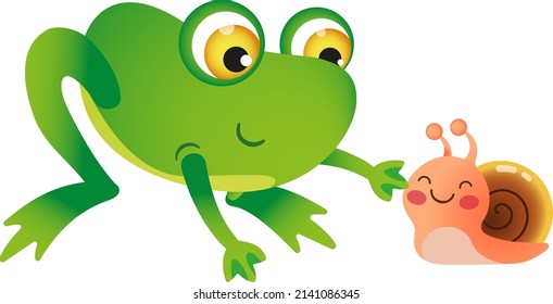 Vector image of a funny, cute green frog and a small snail. Cartoon style. Children's illustration.