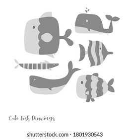 Vector image. Funny drawings of gray fish. Image to decorate.
