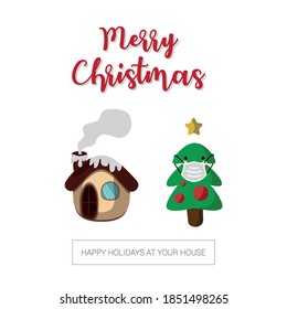 Vector image. Funny drawings of a house and a Christmas tree with a mask.