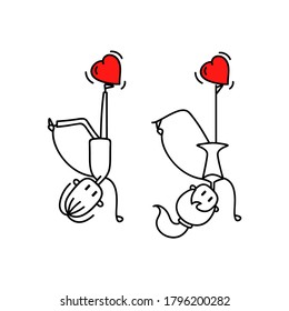 Vector image. Funny image of a girl and a boy with a heart-shaped balloon.
