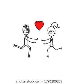Imagen vectorial. Imagen divertida de una niña y un niño con un globo en forma de corazón.
