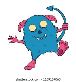 Vector image. Funny Halloween blue with pink horns freak. Unusual cartoon character monster, cute and creepy.