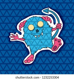 Vector image. Funny Halloween blue with pink horns freak. Unusual cartoon character monster, cute and creepy.