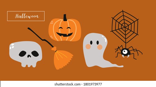 Vector image. Funny Halloween drawings to decorate. Image of a pumpkin, a skull, a witch's broom, a spider and a ghost. Fun drawings to decorate.