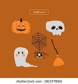 Vector image. Funny Halloween drawings to decorate. Image of a pumpkin, a skull, a witch's broom, a spider and a ghost. Fun drawings to decorate.