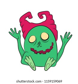 Vector image. Funny Halloween green with pink horns freak. Unusual cartoon character monster, cute and creepy.
