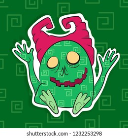 Vector image. Funny Halloween green with pink horns freak. Unusual cartoon character monster, cute and creepy.