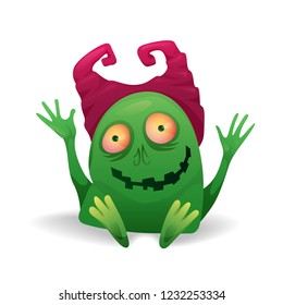 Vector image. Funny Halloween green with pink horns freak. Unusual cartoon character monster, cute and creepy.