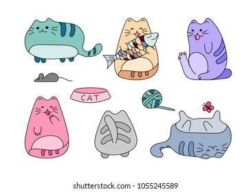 Vector image with funny hand drawn cats. Animals vector illustration with adorable color kitties.