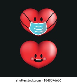 Imagen vectorial. Imagen divertida del corazón con máscara. Imagen para decorar.