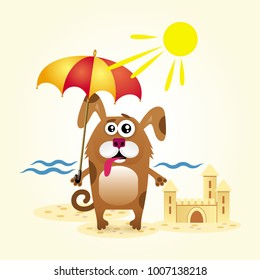 Vector image of funny little dog in a cartoon style on the beach with a sun umbrella, next to it built a sand castle