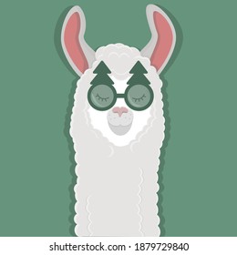 Vector image of a funny llama with glasses in the shape of christmas trees . Flat alpaca illustration for creating postcards, posters, websites.