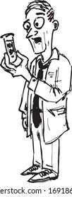 Vector image of funny looking curious scientist/professor in white robe holding the test tube