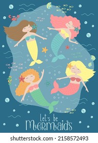 Vector image of funny mermaids and sea creatures underwater on the dark background. Marine hand-drawn illustration for girl, birthday, holiday, summer party, postcard, print, clothes.