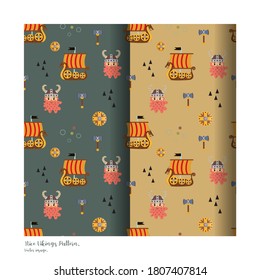 Vector image. Funny modular image of Vikings to decorate. Design for children. Continuous module to expand. 
