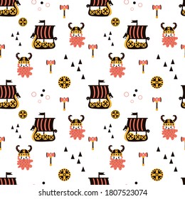 Vector image. Funny modular image of Vikings to decorate. Design for children. Continuous module to expand.