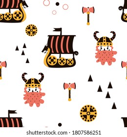 Vector image. Funny modular image of Vikings to decorate. Design for children. Continuous module to expand.