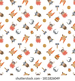 Vector image. Funny modular image of Vikings to decorate. Design for children. Continuous module to expand.