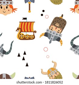 Vector image. Funny modular image of Vikings to decorate. Design for children. Continuous module to expand.