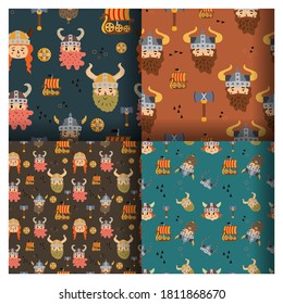 Vector image. Funny modular image of Vikings to decorate. Design for children. Continuous module to expand.