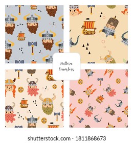 Vector image. Funny modular image of Vikings to decorate. Design for children. Continuous module to expand.