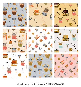 Vector image. Funny modular image of Vikings to decorate. Design for children. Continuous module to expand.