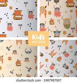 Vector image. Funny modular image of Vikings to decorate. Design for children. Continuous module to expand.