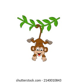 Vector image of an funny monkey on a branch in cartoon style. Good brown, cute monkey weighs on a branch and smiles. For packaging, computer programs, logos, children's games. Vector illustration