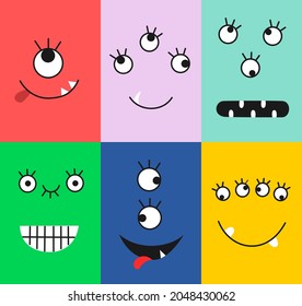 Vector image funny monster faces set. Close-up. Eyes, mouth, teeth. Eps template design for children's card, poster, gift. Vertical seamless pattern.