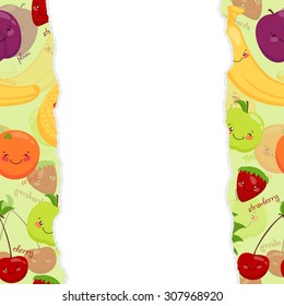 Vector image of funny muzzles fruits, vitamins, vegetarian food.