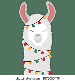 Imagen vectorial de una graciosa Llama de Año Nuevo en un fondo verde. Ilustración plana con imagen alpaca para postales, afiches, sitios web.