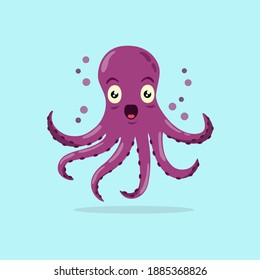 Vector image of a funny purple octopus with wide open mouth and surprised eyes on a background of air bubbles.