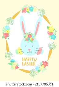 Imagen vectorial de un conejo divertido con ramo y huevos en la flor y corona de zanahorias. Ilustración manual de Pascua de un conejito para vacaciones felices de primavera, verano, tarjeta de saludo, afiche, impresión, niño