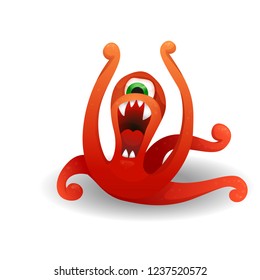 Vector image. Funny red monster angry, screaming and waving tentacles. Cute cartoon monster resembling an octopus.