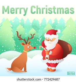 Vector image. A funny Santa gives a sweet candy to a deer with a red nose. Cartoon Santa and deer, color postcard