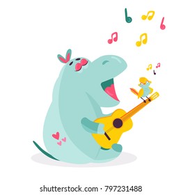 Vector image of a funny singing hippo playing the guitar and a small bird sitting on it. Children illustration