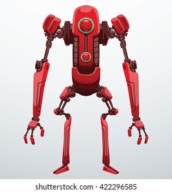 Vector image of funny thin red robot with two arms and legs, with a red lens in the center of the body standing on a light gray background. Future, technology, modern. Vector humanoid robot.