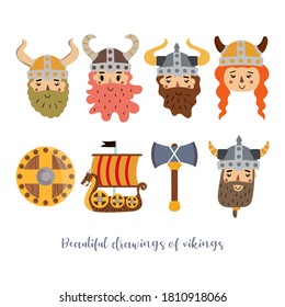 Vector image. Funny Viking stickers. Children's image to decorate. Grey background.