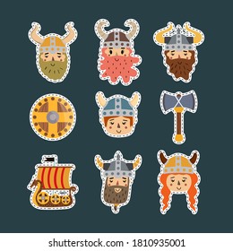 Vector image. Funny Viking stickers. Children's image to decorate. Grey background.