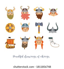 Vector image. Funny Viking stickers. Children's image to decorate. White background.