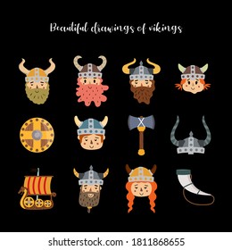 Vector image. Funny Viking stickers. Children's image to decorate. Black background.