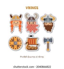 Vector image. Funny Viking stickers. Children's image to decorate.