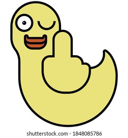 Vector image of a funny yellow duck, showing fuck by the wing on a white background. Vector illustration.